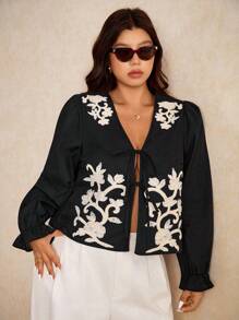 Elaquor 大码花卉刺绣系带衬衫，休闲假日装 - 黑色 - 查看 5