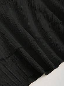 Sweetra 女士春夏新款适合海滩度假优雅纹理面料吊带前系带褶饰金属装饰分层荷叶边下摆俏皮迷你连衣裙 - 黑色 - 查看 5