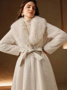 Anewsta 蓬松人造毛皮领子系带修身人造毛皮夹克 - 米色 - 查看 5