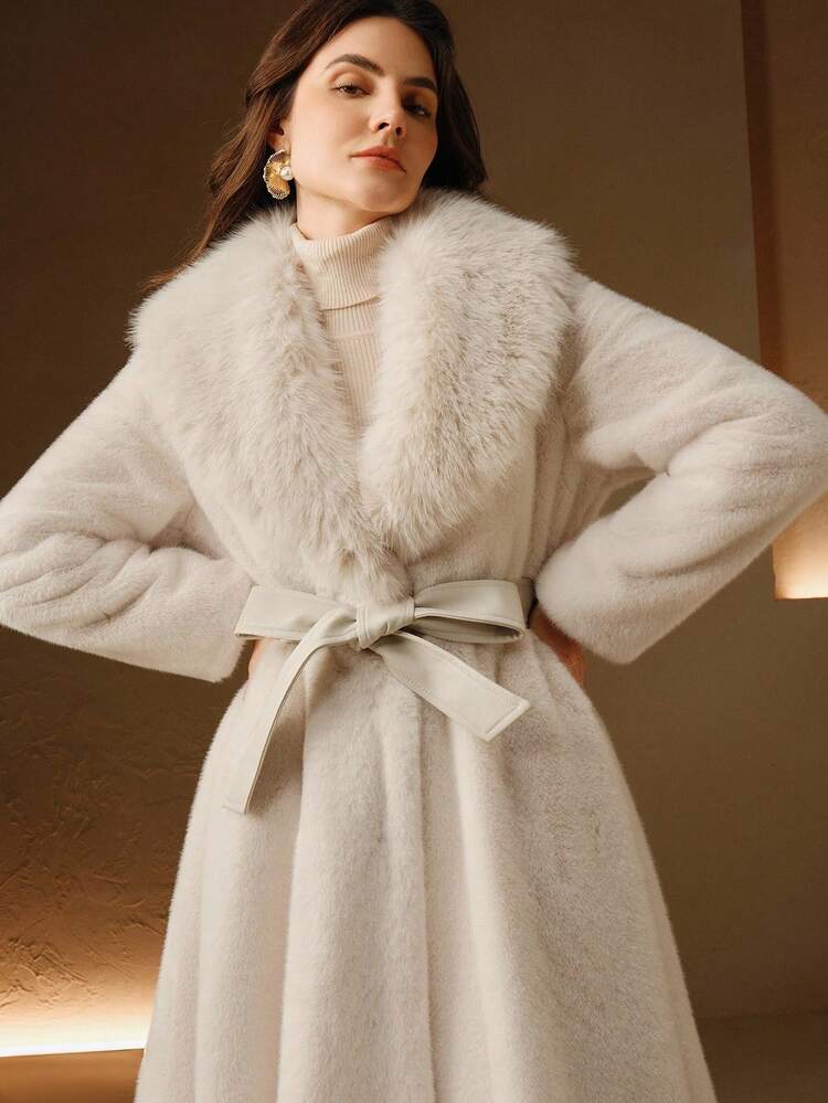 Anewsta 蓬松人造毛皮领子系带修身人造毛皮夹克 - 米色 - 查看 5