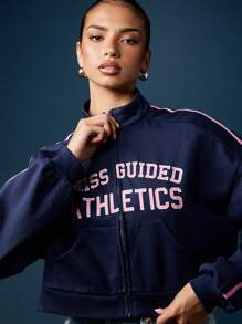 MISSGUIDED Varsity Letter Zip Through Sweatshirt Cropped Track Jacket Full Front Printed Letter Design High Neck Sportswear Fall Winter Loungewear Everyday Casual Wear - Blue - View 3