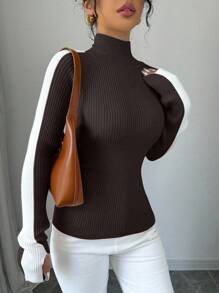 Selianne Suéter de punto minimalista con cuello alto y bloques de color, jersey de punto para otoño e invierno - Café integral - Ver 5