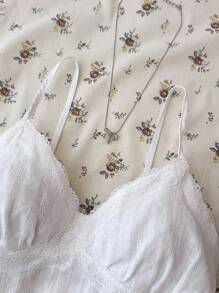 少女粉色蕾丝吊带背心，优雅纯色蕾丝花边吊带背心，适合夏季、度假、休闲、居家、BM 风格 - 白色 - 查看 3