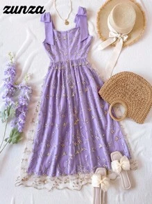 Elegant Embroidered Textured Mesh Skirt For Teen Girls - Pink - View 2