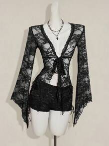 SHEIN ICON Women's Stylish Black V Neck Lace Blouse With Flowy Flare Sleeves,Sexy Top