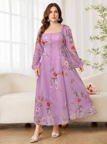 Modelyn Váy maxi voan họa tiết hoa cổ vuông tay bồng cỡ lớn cho nữ, phong cách nghỉ dưỡng lãng mạn thanh lịch - Nhiều màu - Xem 3