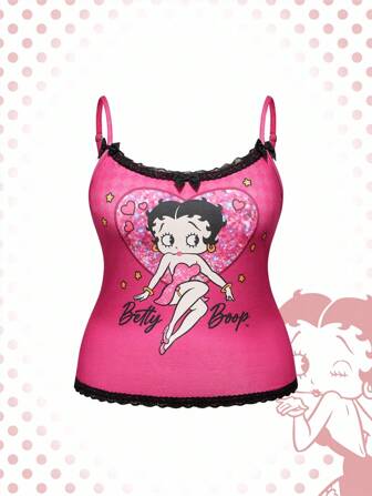Betty Boop | ROMWE Damen Große Größen Süß & Sexy Vielseitig Allround Cartoon Figur Grafik Trägerhemd