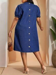 EMERY ROSE Váy denim tay ngắn dáng rộng thoải mái cỡ lớn, màu xanh lam - Rửa tối - Xem 3