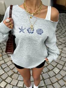 SHEIN EZwear Women's Casual Colorblock Loose Fit Asymmetrical Neck Long Sleeve Sweatshirt, Suitable For Autumn/Winter, Hibiscus Flower, Starfish, Shell Print