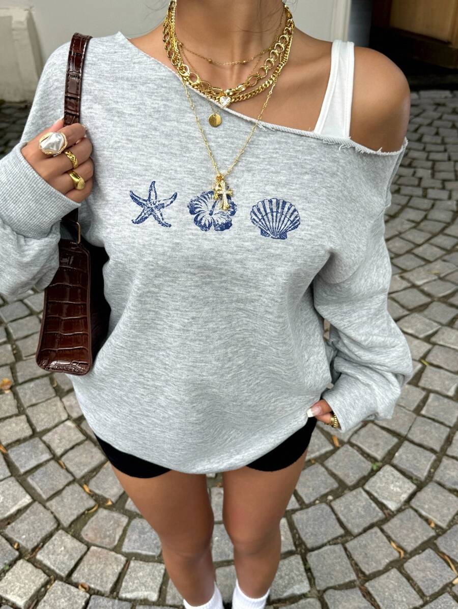 SHEIN EZwear Women's Casual Colorblock Loose Fit Asymmetrical Neck Long Sleeve Sweatshirt, Suitable For Autumn/Winter, Hibiscus Flower, Starfish, Shell Print