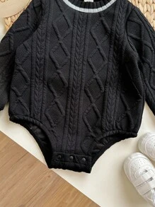 男婴/女婴可爱休闲百搭菱形格子拼接领长袖连体衣，白色，适合春、秋、冬；黑色男婴连体衣；黑色长袖连体衣；男婴麻花针织连体衣 - 黑色 - 查看 3