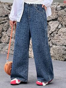 DAZY 女童豹纹牛仔裤 - 藍色 - 查看 3