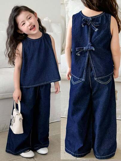 SHEIN Young Girl Pair Of Dark Blue Cute And Artistic Denim Sleeveless, Cool And Comfortable Vest And Loose Trousers,Spring And Summer Casual Vacation Country Boho Wear