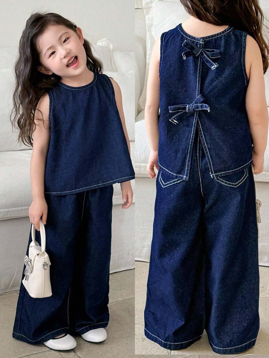 SHEIN Young Girl Pair Of Dark Blue Cute And Artistic Denim Sleeveless, Cool And Comfortable Vest And Loose Trousers,Spring And Summer Casual Vacation Country Boho Wear