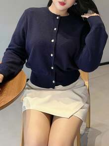 Dazy Plus Plus Size Women's Loose Fit Crew Neck Long Sleeve Cardigan Sweater, Dark Color Fall,Winter