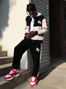 Vacaura 2pcs Teen Boys Printed Jacket & Black Sweatpants Set, Casual Sporty Outfit Suitable For School, Outdoor Activities, Photography, Various Occasions, Soft & Comfortable Fabric, Must-Have Teen Boy Fashion Set Fall Winter