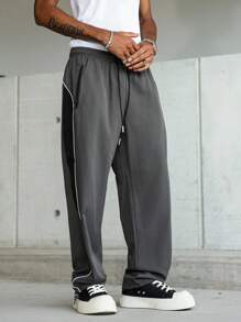 Manfinity Hypemode 男士休闲拼色抽绳腰宽松裤，侧条纹，拉链口袋设计，纯色长款宽松运动裤，送给丈夫、男朋友的理想礼物