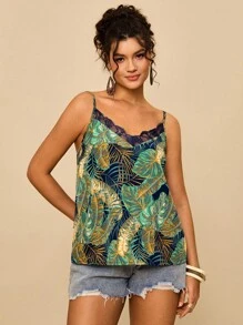SHEIN VCAY 大码女式绿色热带印花宽松吊带背心，V 领蕾丝边肩带图案衬衫，适合夏季度假 - 綠色 - 查看 3