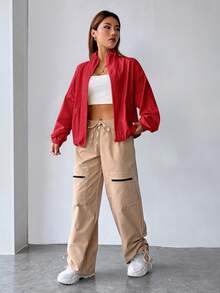 SHEIN EZwear 女士编织纯色简约休闲长袖夹克红色夹克外套 Y2k 秋冬拉链夹克 - 紅色 - 查看 3