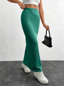 EURMUSE Women Solid Color Slit Detailed Tube Skirt - Green - View 5