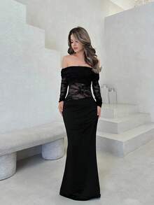 Jemour 女士优雅性感简约时尚 Fatale Charm 情人节新年聚会约会露肩纹理网眼透明褶皱低腰紧身红色长袖连衣裙 - 黑色 - 查看 4