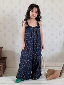 Dazy Kids 年轻女孩夏季休闲碎花连体裤 - 深色水洗藍 - 查看 6