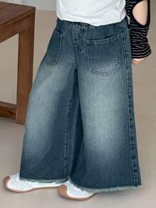 DAZY 女童秋季宽松牛仔裤 - 藍色 - 查看 4