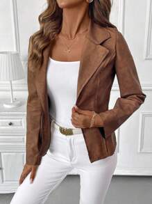 SHEIN Clasi Casual Retro PU Faux Suede Lapel Waist Jacket Suede Blazer Brown Jacket,Fall Outfits Women,Fall Women Clothes , Teacher Outfits For Women  Going Out Outfits - Brown - View 5