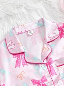 2pcs Girls' Butterfly Print Short Sleeve Pants Cute Pajama Set, Spring/Summer - Pink - View 7