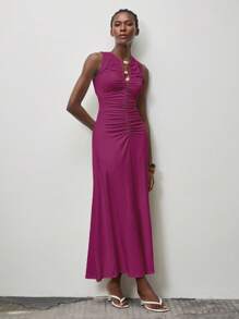 Lumivelle Váy ôm sát không tay xếp ly đính hạt trang trí cho nữ, phù hợp cho mùa xuân/hè, váy hè màu hồng phấn cho trường đại học - Màu Hồng Tươi - Xem 4