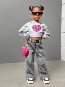 SHEIN Sparklyn 年轻女孩时尚休闲水洗牛仔直筒裤，带刺绣后袋，阔腿牛仔裤，儿童宽松牛仔裤，年轻女孩，女孩 - 灰色 - 查看 3