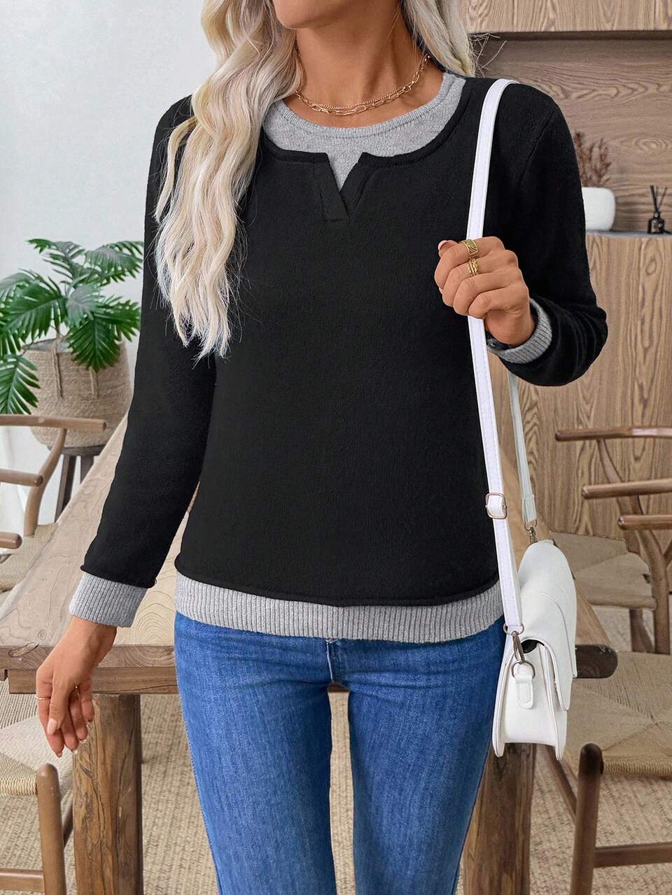 Women's Knitted Long Sleeve Crew Neck Pullover Patchwork Contrast Color Versatile Base Layer Black Sweater,Autumn Basic Casual School Back-To-School