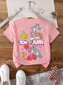 TOM & JERRY X SHEIN 青少年女孩休闲简约短袖T恤，适合夏季，圆领粉色心形气球奶酪卡通可爱设计
