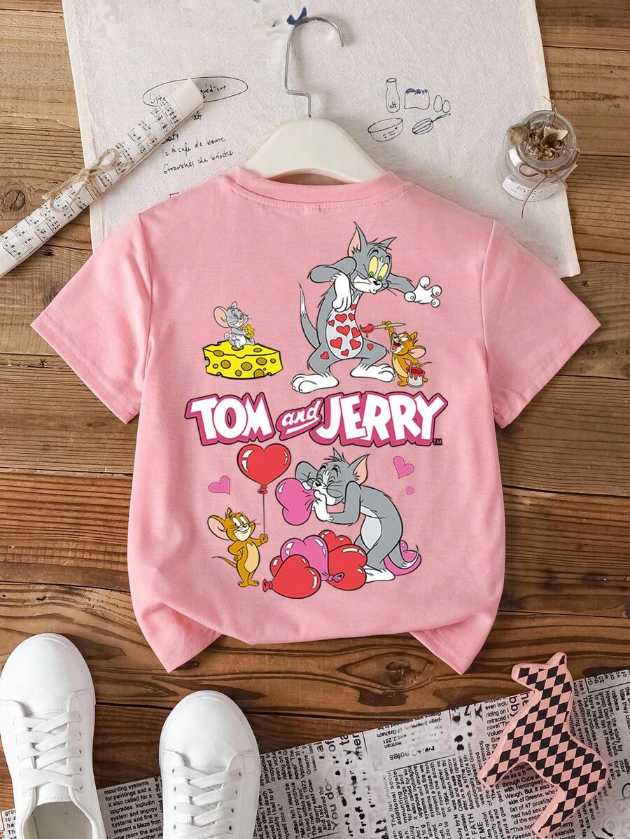 TOM & JERRY X SHEIN 青少年女孩休闲简约短袖T恤，适合夏季，圆领粉色心形气球奶酪卡通可爱设计