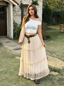 SHEIN EZwear 大码女式蕾丝边长款优雅 A 字裙 - 米色 - 查看 3