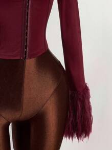 Amplova Fall Clothes For Women Winter Clothes Corset Metal Button Decor Fringed Tight Fit Jacket Elegant Burgundy Knit Cropped Jacket With Feathered Sleeves And Sophisticated Fit