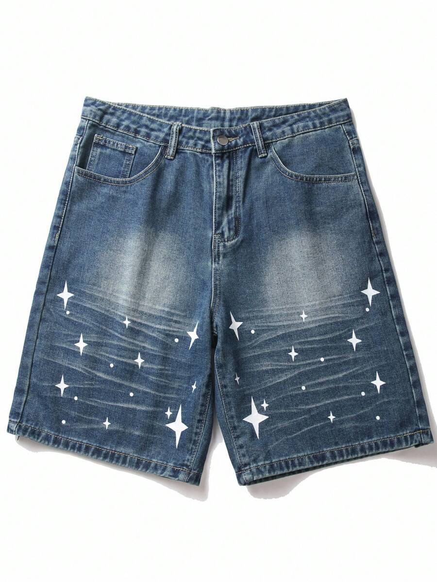 Chillumni 男士夏季休闲牛仔短裤，猫须纹、海洋效果和星星印花，青春时尚 - 藍色 - 查看 1