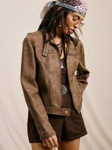 Easelle Women's Autumn Fashion Street Chic Motorcycle Style PU Leather Zip-Up Cropped Jacket,Fall,Brown Jacket