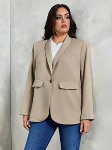 SHEIN Tall CURVE 秋冬新品 灰绿色 女式束腰纽扣西装外套 - 卡其色 - 查看 3