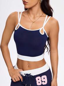 SHEIN Sovereign Charm Débardeur de sport pour femmes avec design de bretelles bicolores - Bleu marine - Voir 1