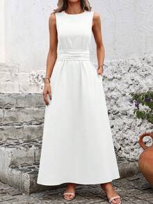 SHEIN Clasi Overlapping Pleated Cinched Waist Solid Color Sleeveless Dress For Women