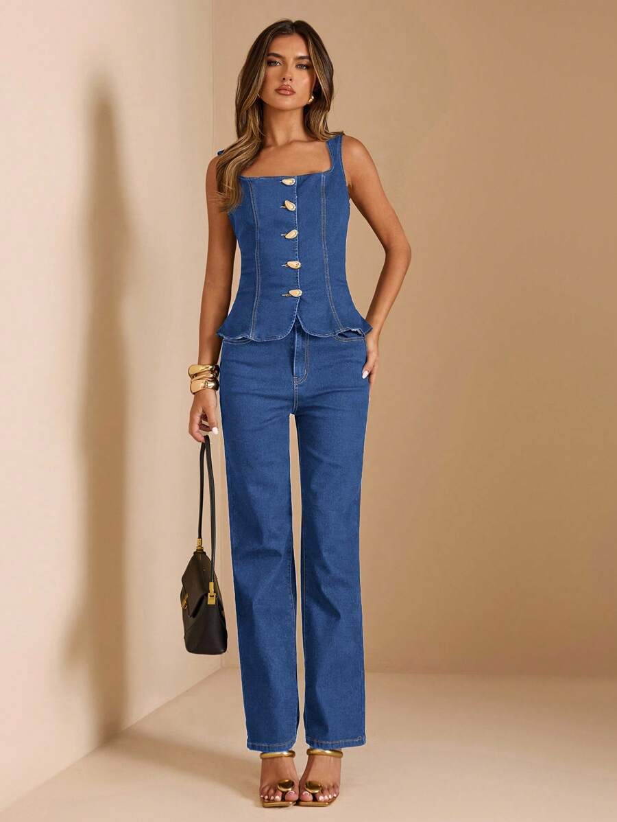 SHEIN BAE 女式口袋直筒宽松休闲百搭牛仔裤 - 中等水洗藍 - 查看 1