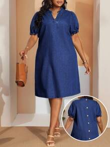 EMERY ROSE Váy denim tay ngắn dáng rộng thoải mái cỡ lớn, màu xanh lam - Rửa tối - Xem 5