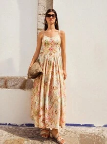 Maija 女士优雅扎染镂空刺绣吊带裙，夏季夏季连衣裙中长款太阳裙长款太阳裙长款花园派对连衣裙度假服夏季连衣裙女士橙色连衣裙女士服装露肩连衣裙花朵连衣裙 Fairycore 婚礼宾客礼服女士优雅生日礼服女士生日服装波西米亚风女装波西米亚风女装露肩飘逸连衣裙 - 黃色 - 查看 4