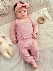 SHEIN 6pcs Newborn Solid Color Long Sleeve Top And Pants Set, Fashionable For Summer Fall Winter