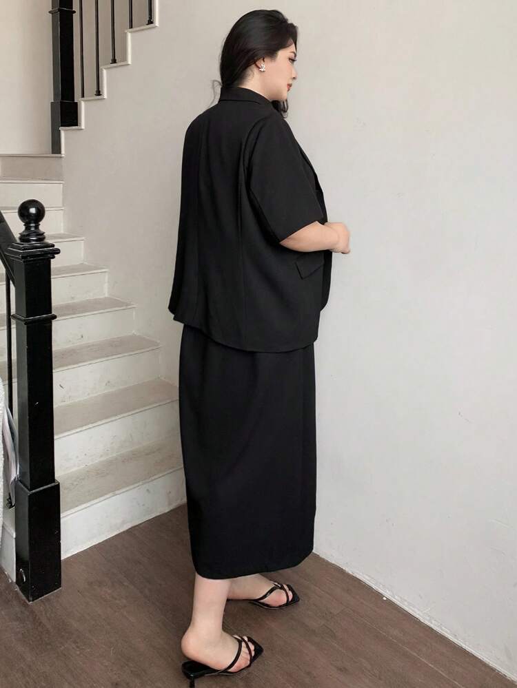 Dazy Plus 2pcs/Set Women Plus Size Business Casual Solid Color Lapel Blazer Jacket And Straight Skirt Lounge Sets For Women