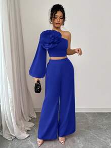 Elenzga Áo croptop nữ dáng ôm thanh lịch, họa tiết hoa đỏ 3D, họa tiết hoa hồng ngày lễ tình nhân, tay áo đèn lồng bất đối xứng, thời trang xuân/hè mới - Xanh đậm - Xem 5