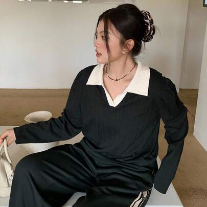 대비 컬러 블록 라펠 루즈 긴팔 텍스처 패브릭 플러스플러스 사이즈 여성 캐주얼 티셔츠