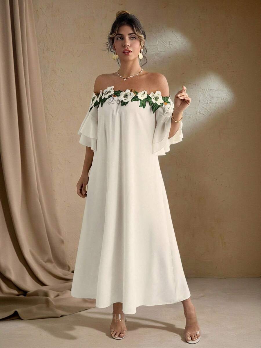 Roveilla فستان إليجانس للسيدات بياقة مكشوفة الكتف بتطريز زهري، ذو لون أحادي للمقاسات الكبيرة