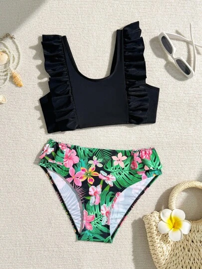 Tween Girls Bikini Sets, Top In Solid Color With 2 Ruffles On Sides, Bottoms In Floral Print With 2 Ruffles On Sides, 2 Pieces Fashionable, Elegant, Suitable For Swimming, Vacation, Summer Girls Two Piece Swimsuit Girls Floral Swimsuit Tween Bathing Suit Girls Ruffle Swimsuit Black And Floral Bikini Set